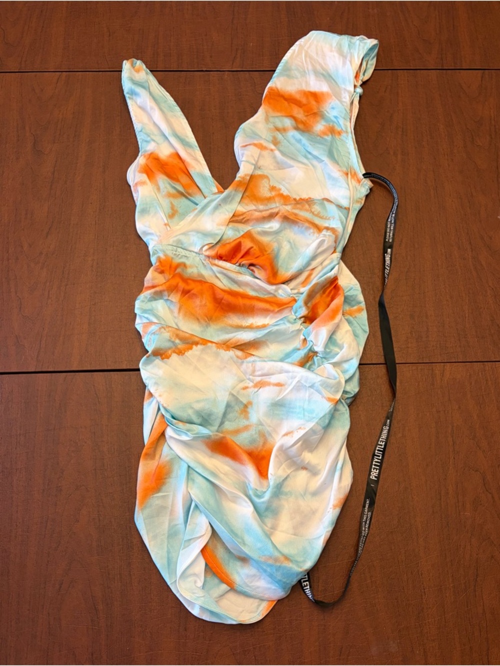 PrettyLittleThing White, Orange & Light Blue Asymmetrical Dress